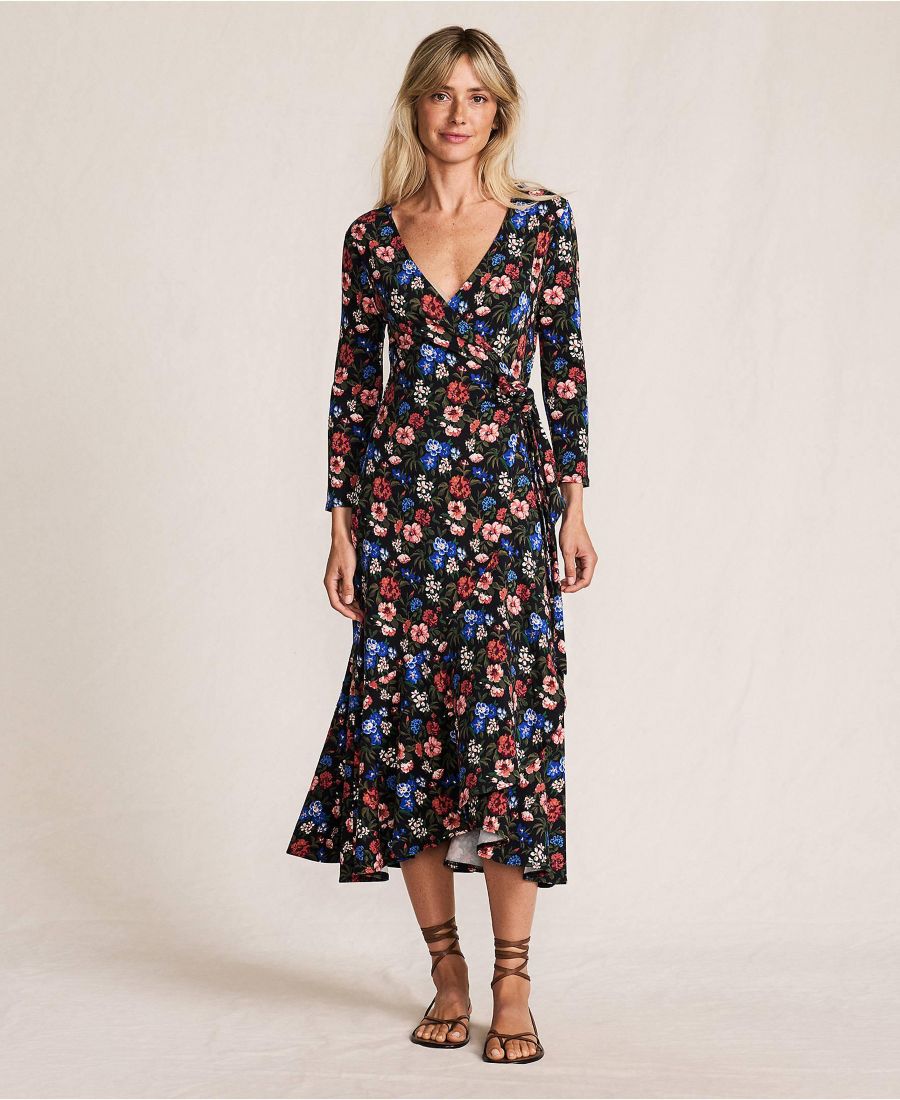 

Женское хлопковое модальное платье с рукавами 3/4 и V-образным вырезом, с запахом Lands' End, Black multi floral