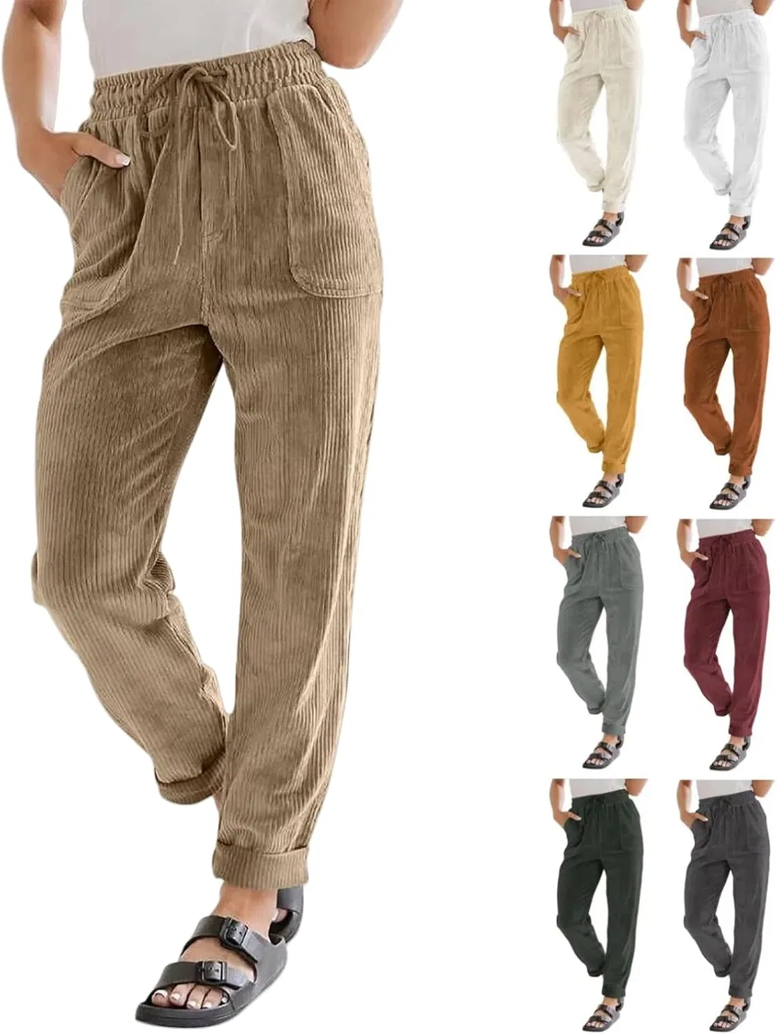 Женские брюки из вельвета Casual комфортные рабочие штаны мешковатые на шнурке с эластичным поясом свободного кроя прямые с карманами Generic, хаки