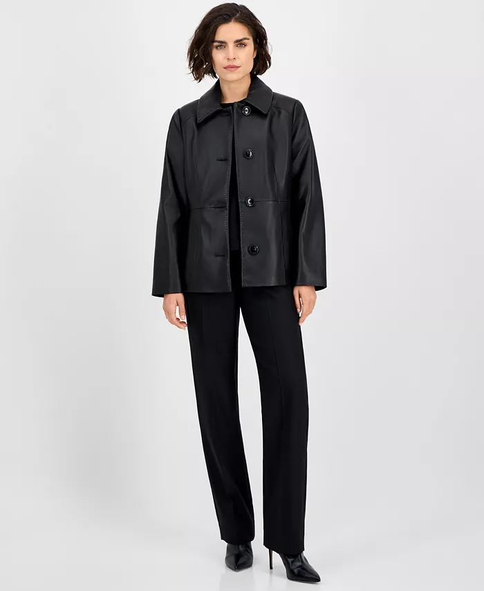 

Женское однобортное кожаное пальто Anne Klein, черный