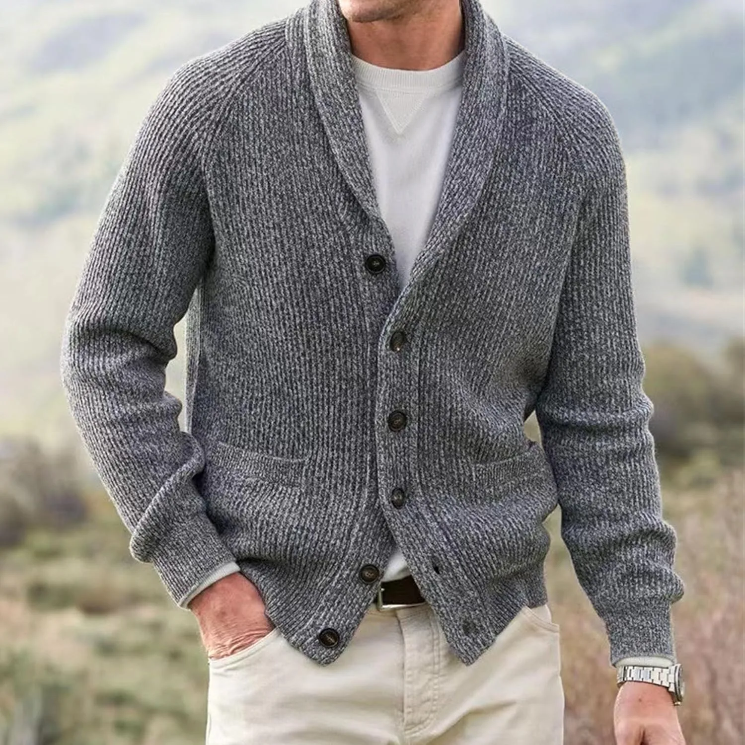 Мужской кардиган с шальным воротником, осенний, slim fit, с кабельной вязкой и карманами — фото 2