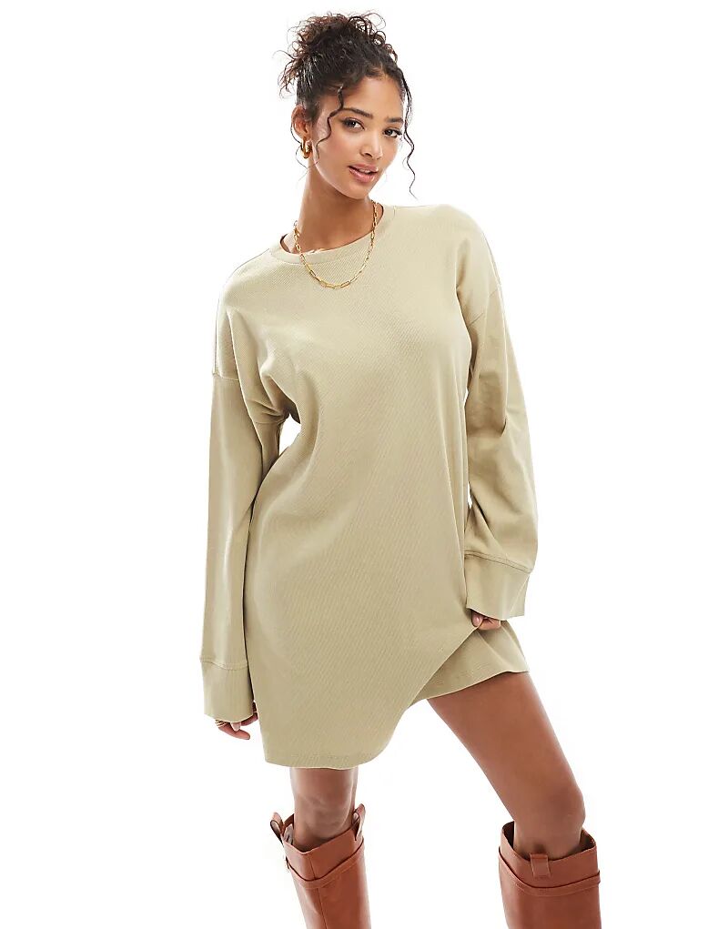 

Свободное мини-платье в рубчик цвета овсянки ASOS DESIGN