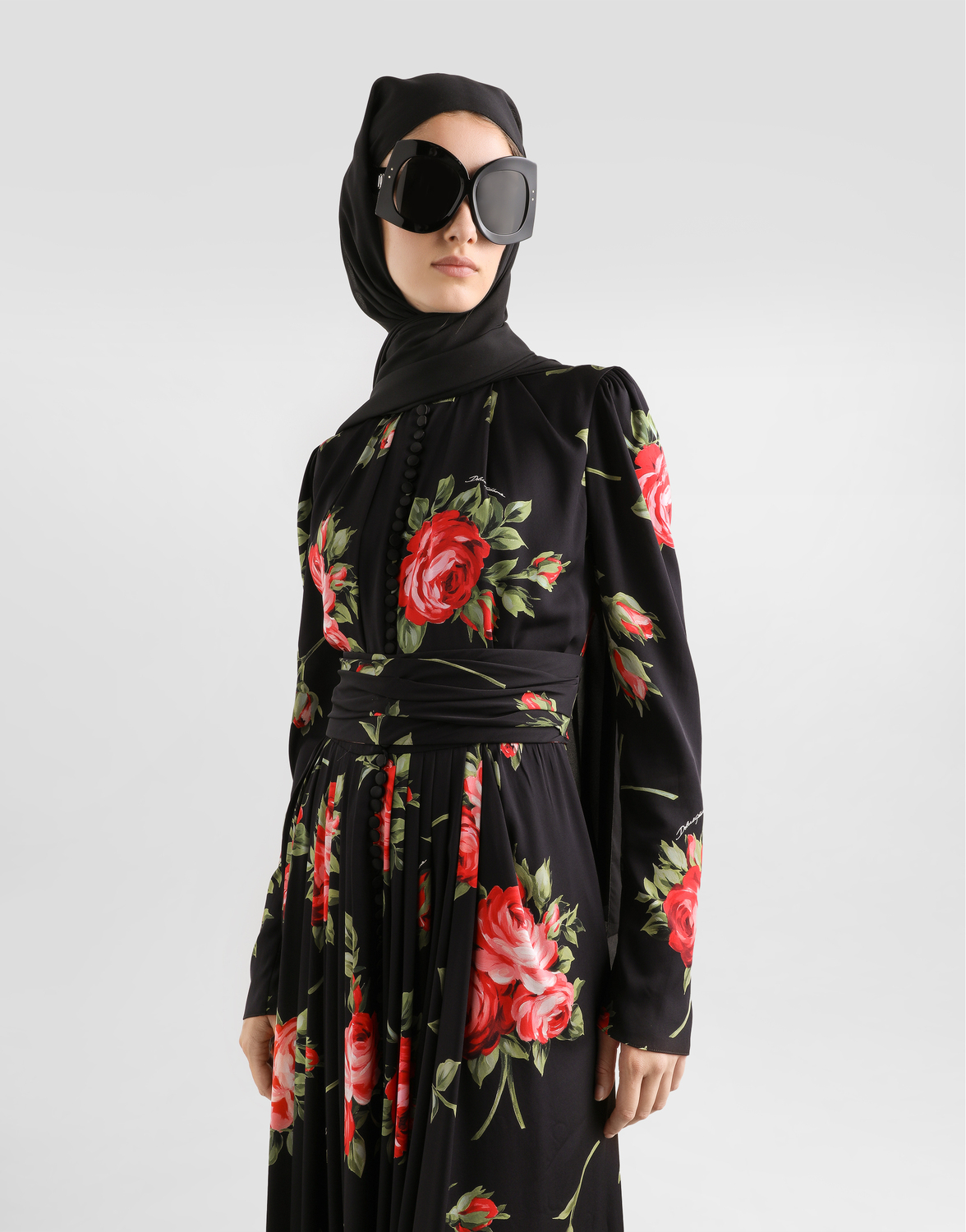 Платье из крепа с принтом "букет роз" DOLCE & GABBANA, мультиколор — фото 4