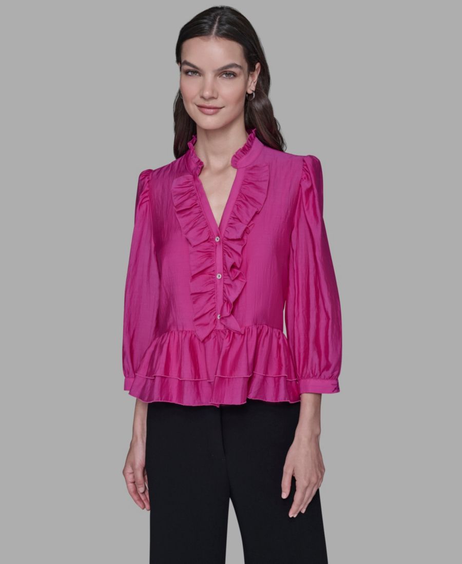 

Женская блузка с V-образным вырезом и оборками KARL LAGERFELD PARIS, Bright Jewel Pink