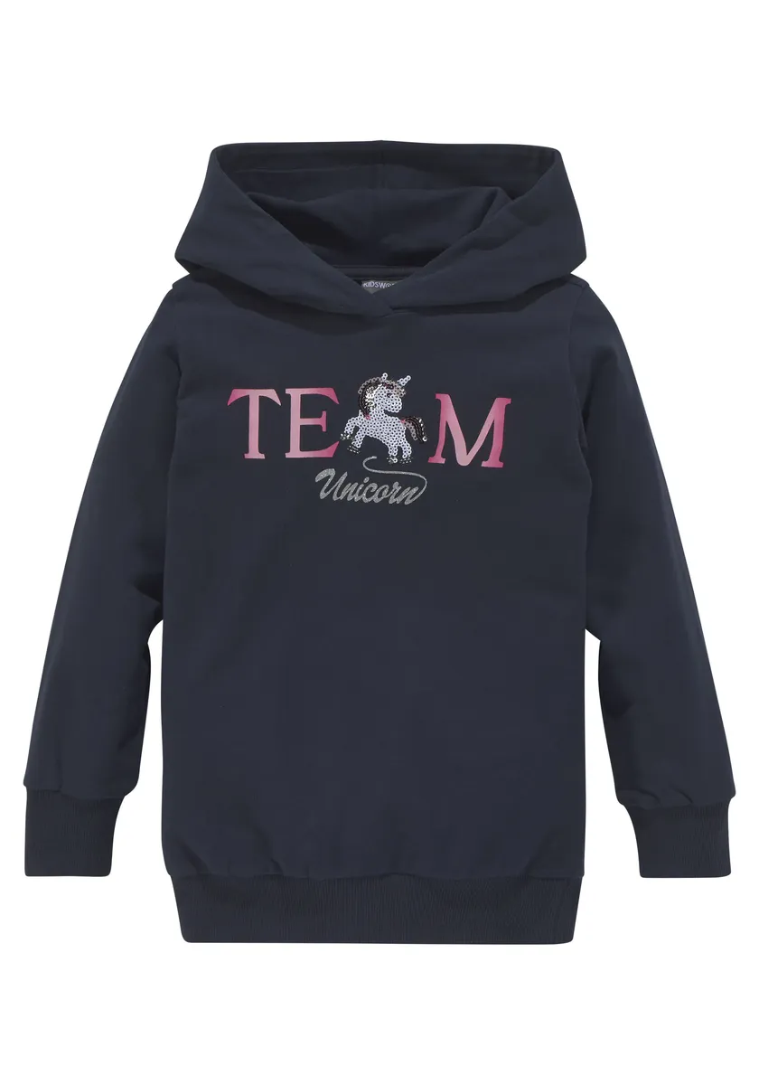 KIDSWORLD длинная толстовка "Team UNICORN", с капюшоном, цвет морской волны — фото 2