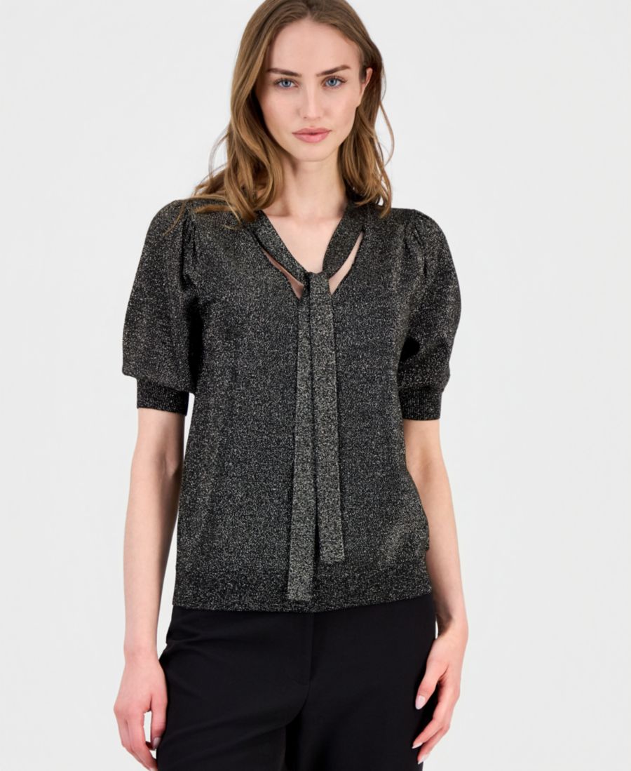 

Женская металлизированная блузка с завязками на шее и рукавами до локтя T Tahari, Black Lurex