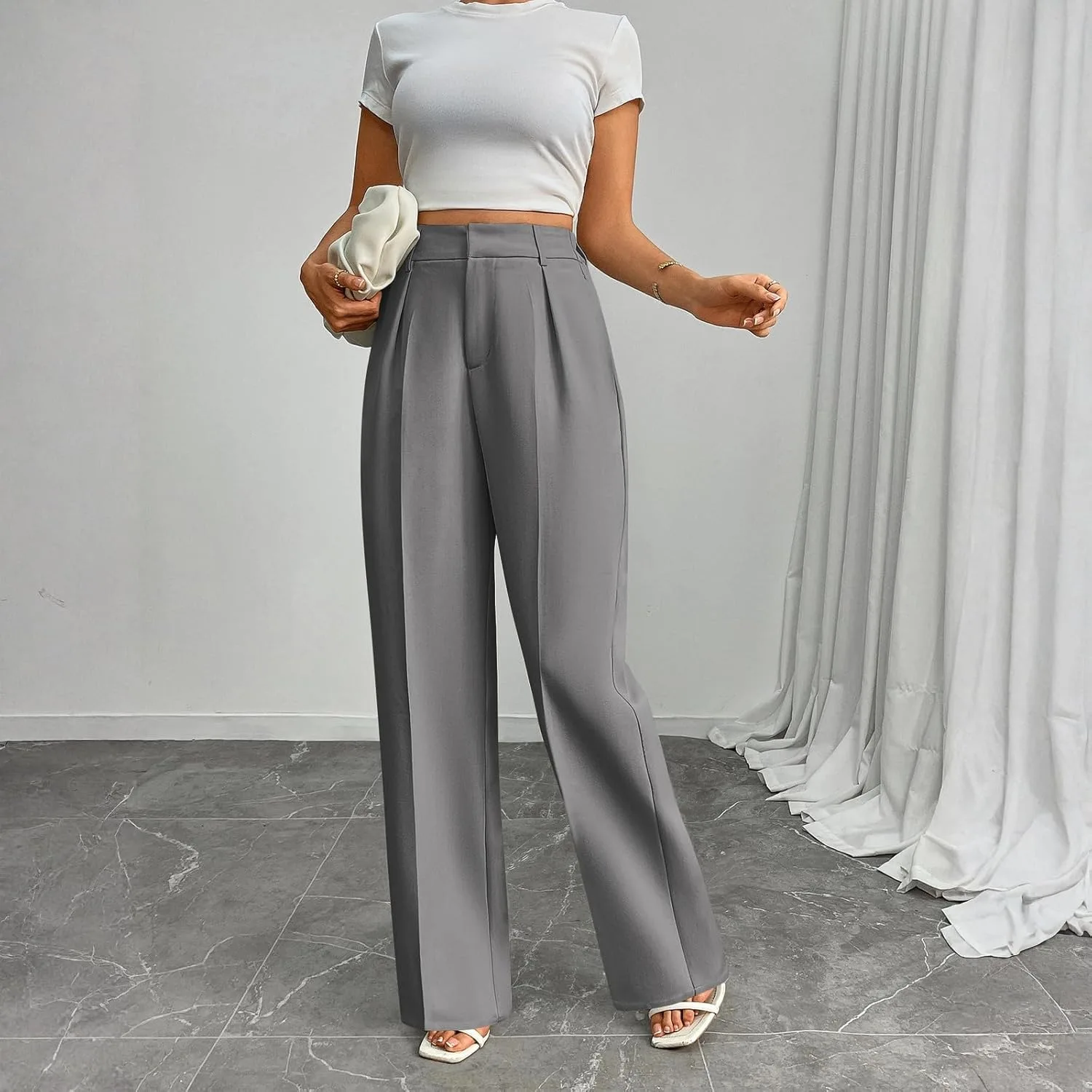 Женские брюки-костюм Casual легкие базовые классические наряды для бизнеса высокая посадка свободный крой прямые широкие Generic, серый — фото 2