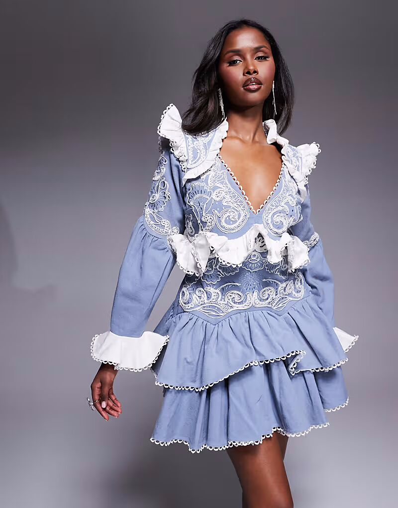 

Мини-платье из хлопкового твила ASOS LUXE с вышивкой в ​​стиле вестерн синего цвета