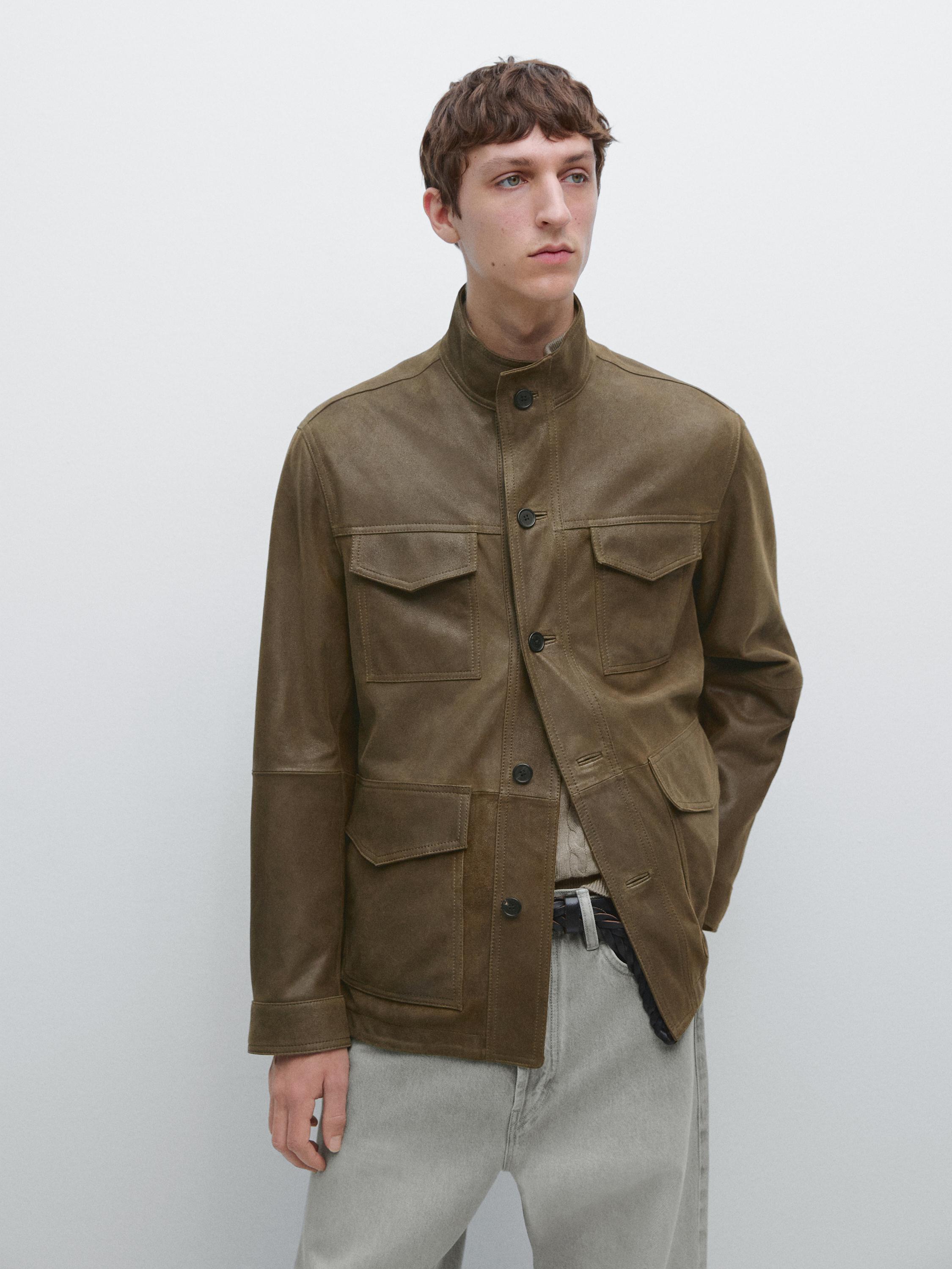 Куртка из козьей кожи с эффектом состаривания Massimo Dutti, khaki — фото 3