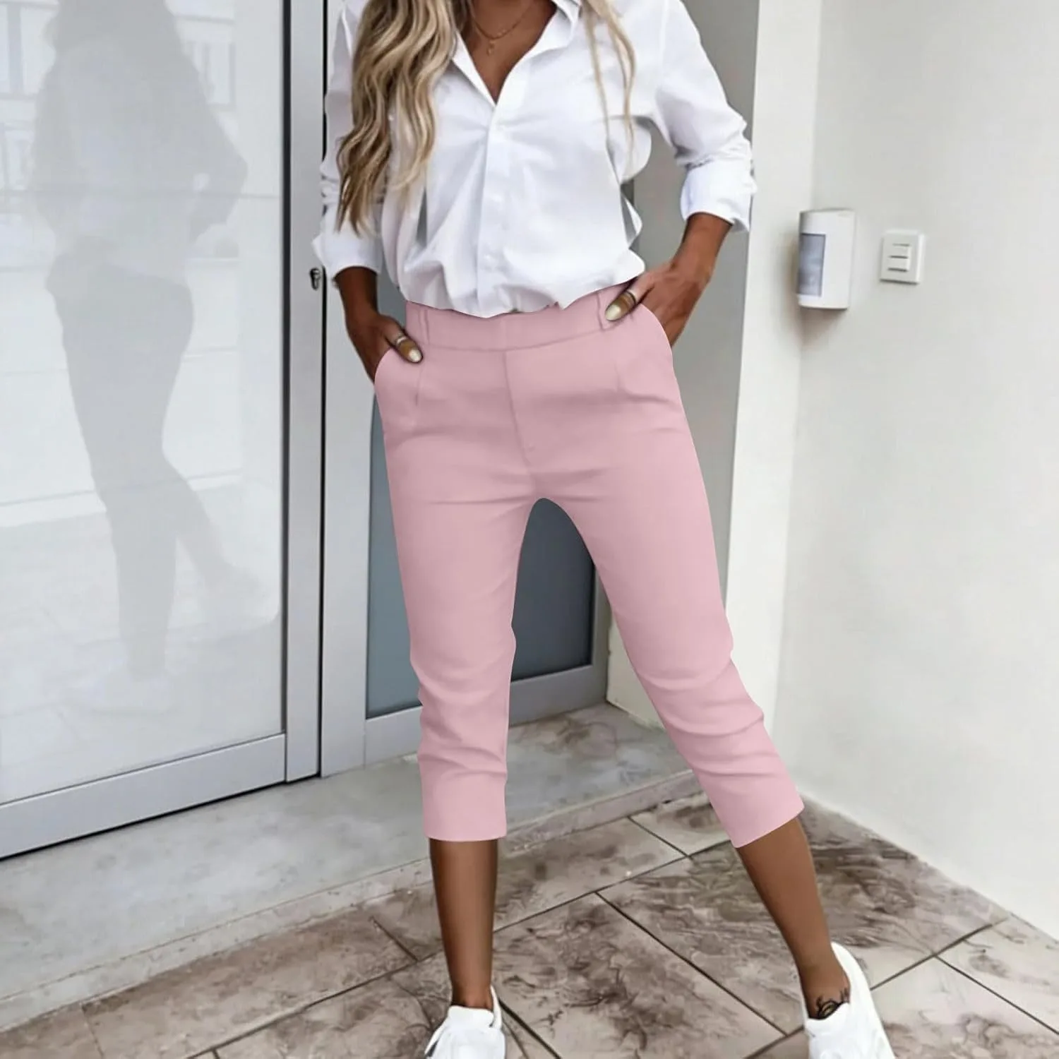 2026 Solid Capri Pants для женщин с высокой посадкой, прямые брюки-капри на резинке Generic, розовый — фото 2