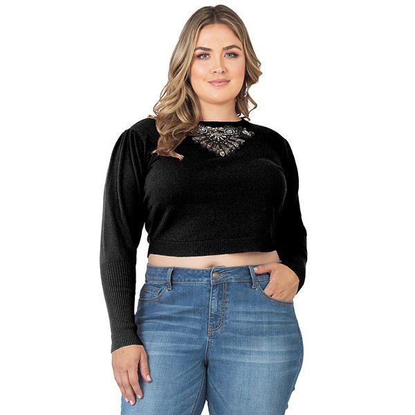 

Свитер кашемировый укороченный Plus size с декором в виде колье Miss Halladay, Black