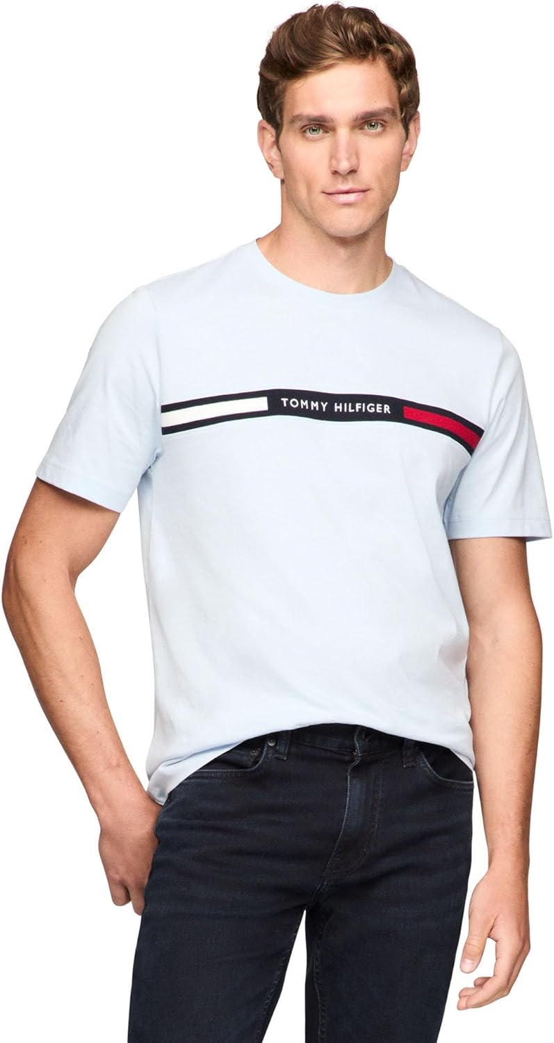 

Мужские хлопковые футболки Tommy Hilfiger с коротким рукавом и фирменным логотипом в полоску, также доступны в размерах для больших и высоких женщин., Breezy Blue, Синий, Мужские хлопковые футболки Tommy Hilfiger с коротким рукавом и фирменным логотипом в