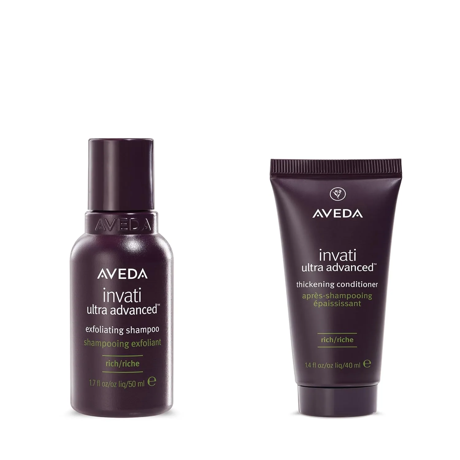 Aveda Invati Ultra Advanced отшелушивающий шампунь и кондиционер для густоты Rich Duo, для средних и густых редеющих волос, нормальная и жирная кожа головы, дорожный размер