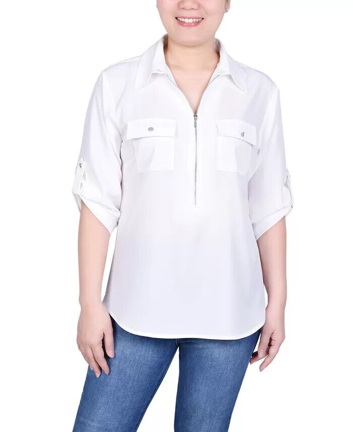 

Блузка Petite с длинными рукавами 3/4 и молнией спереди NY Collection, белый