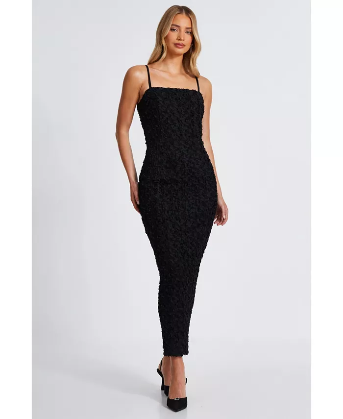 

Женское платье макси с 3D-цветком и квадратным вырезом QUIZ, черный