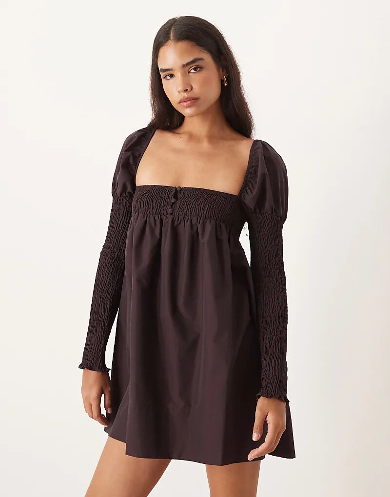 

Мини-платье ASOS DESIGN с длинными рукавами, присборенной грудью и пуговицами спереди, темно-бордового цвета