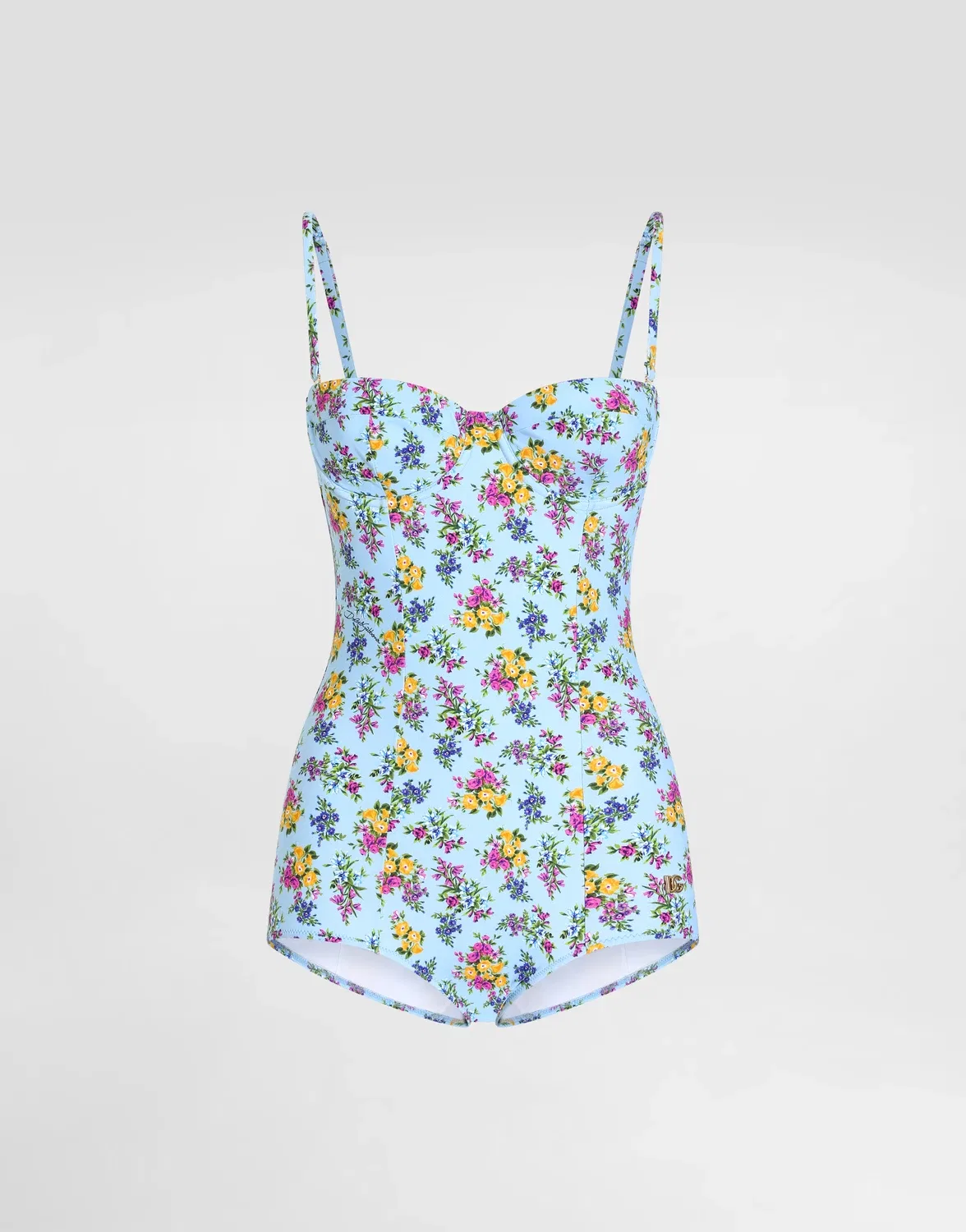 Слитный купальник-балконет с маленьким цветочным принтом DOLCE & GABBANA, голубой