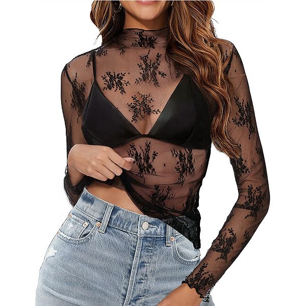 

Женская блузка Sheer Floral Lace с воротником-стойкой и длинными рукавами Clearflower, Small Lace Black