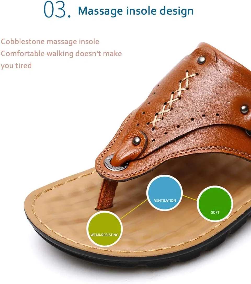 Шлепанцы Herren-Strand, Rindsleder-Obermaterial, Sommer-Hausschuhe, lässige offene Zehensandalen für Spaziergänge, Strand, Pool, 38-44 Generic, Yellow Brown — фото 3