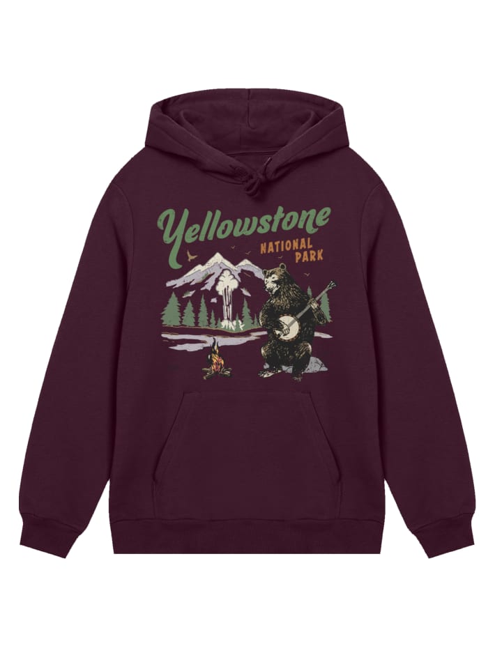 

Толстовка с капюшоном Национальные парки США Йеллоустоунский медведь играет на банджо в бордовом цвете F4NT4STIC