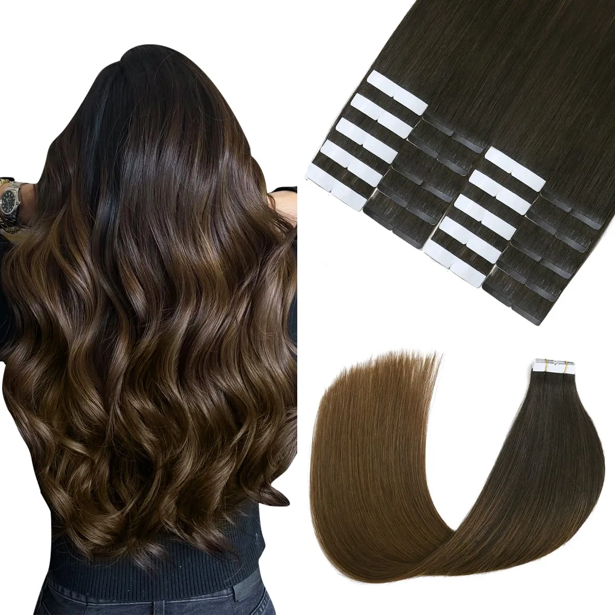 Наращивание волос на лентах «Tape-In Real Hair Extensions» 40 см, натуральный черный-темно-коричневый омбре, 20 шт., 50 г от Sindra Sindra, #1Bt4 Natural Black To Dark Brown