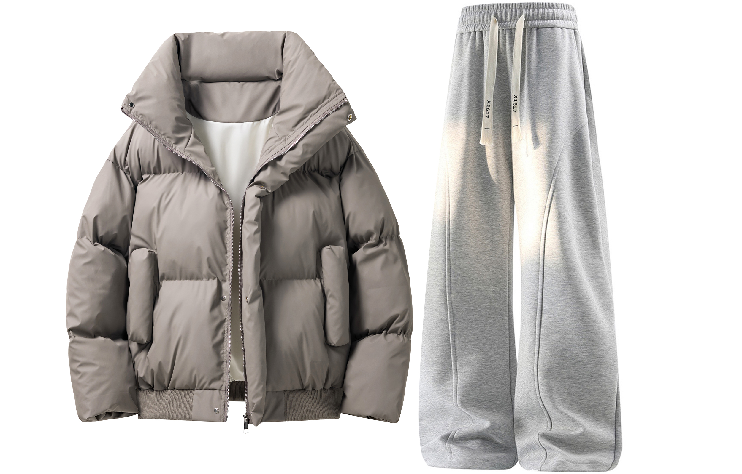 

Повседневная спортивная одежда унисекс с воротником стойкой утепленная X1617, коричневый серый puffer jacket+белый heather серый fleece-lined sweatpants