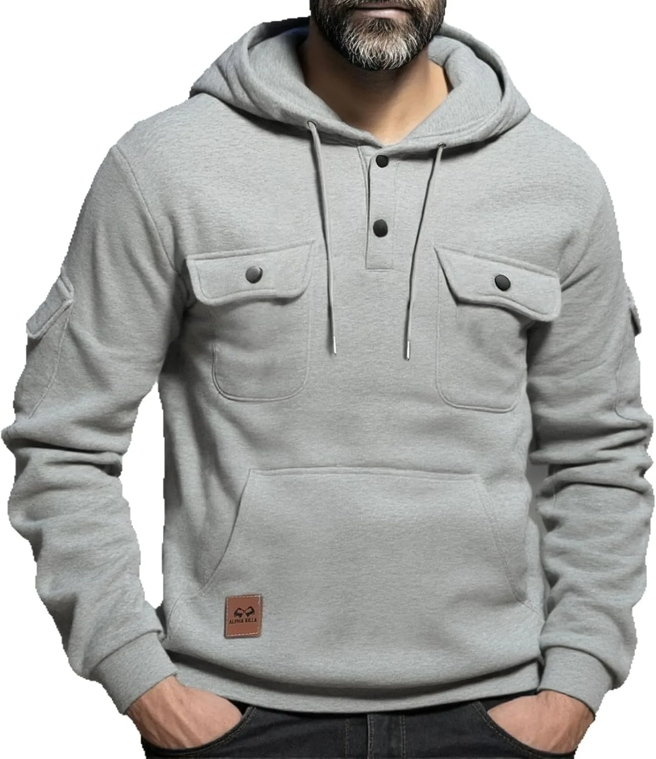 

Мужская флисовая толстовка с капюшоном на четверти пуговиц, длинный рукав, карман
