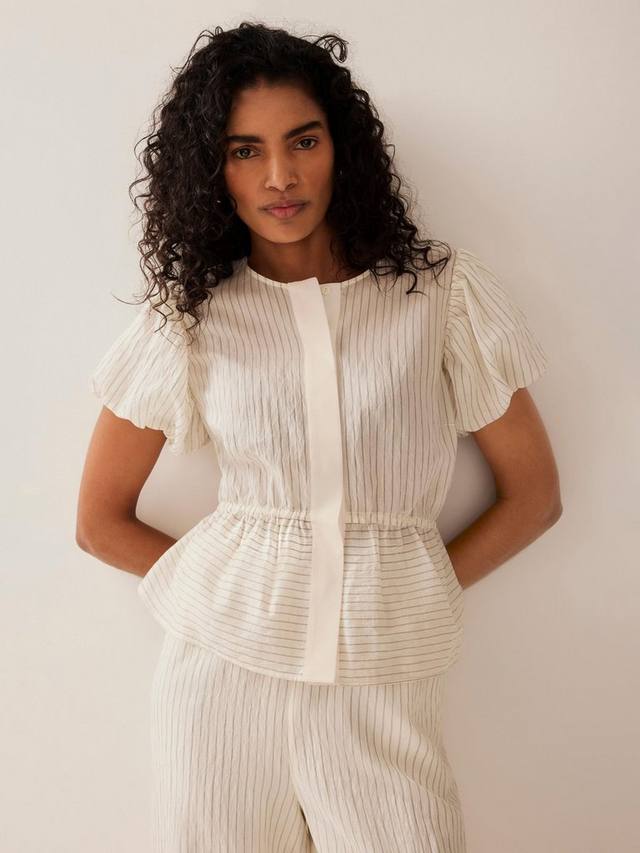 

Топ с пышными рукавами и баской в нейтральную полоску Mint Velvet