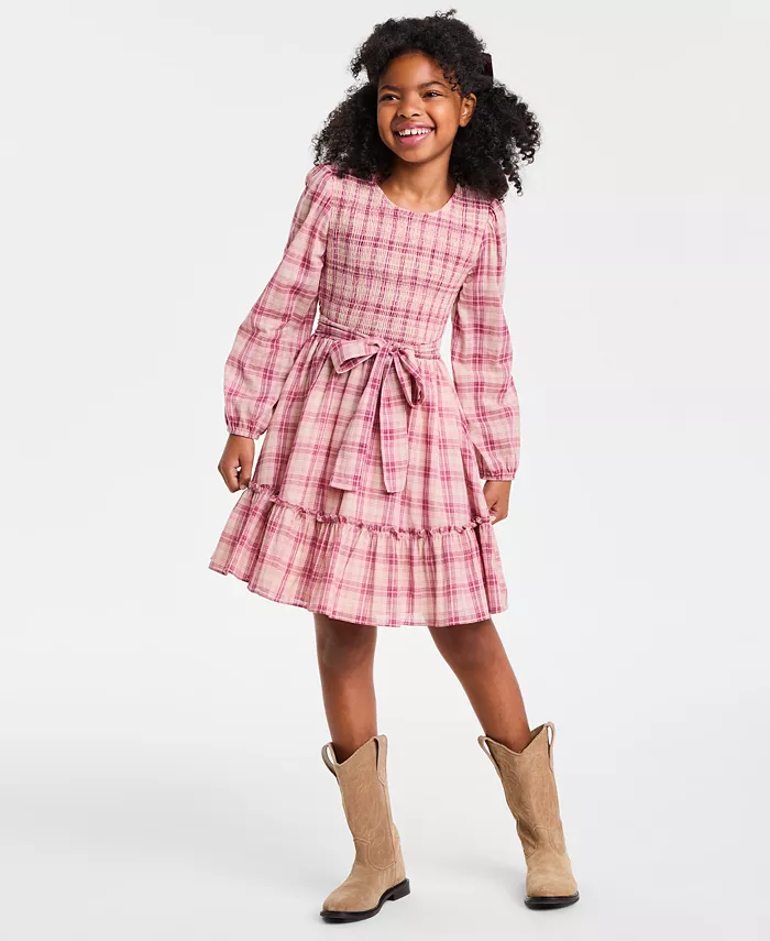 

Большое платье в клетку для девочки с аксессуаром для волос Rare Editions, слоновая кость/кремовый