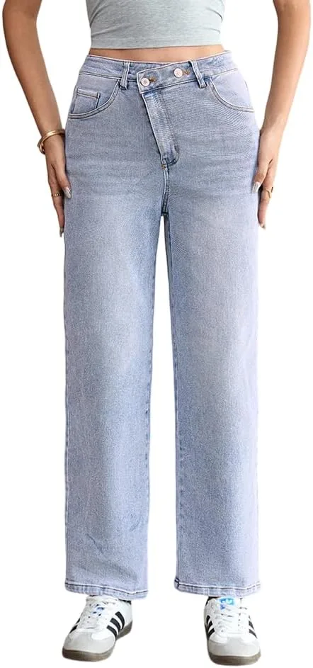 

QKU Женские джинсы с высокой талией и широкими штанинами Light Blue, прямые