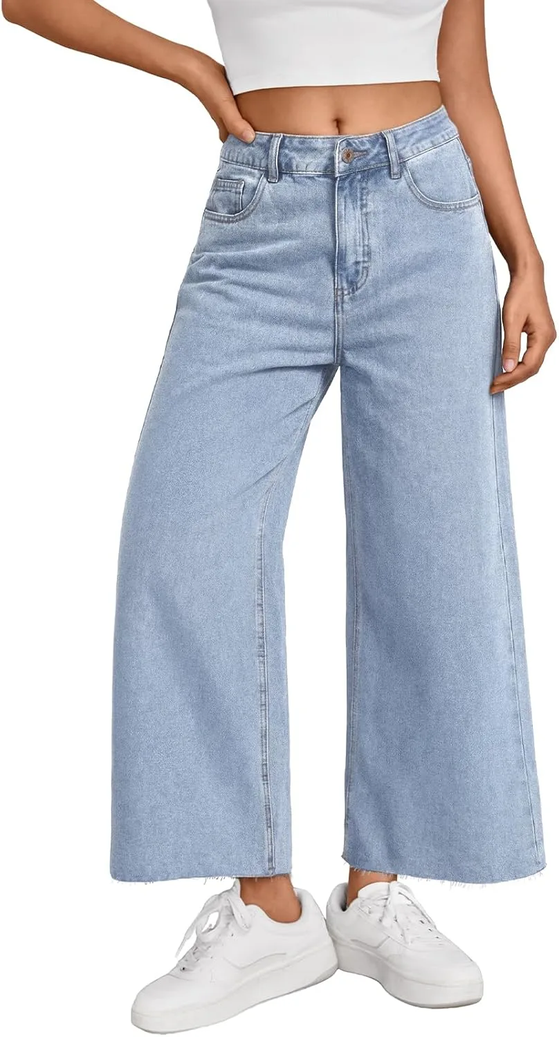 

Trendy Queen Женские джинсы с высокой талией и прямыми широкими штанинами