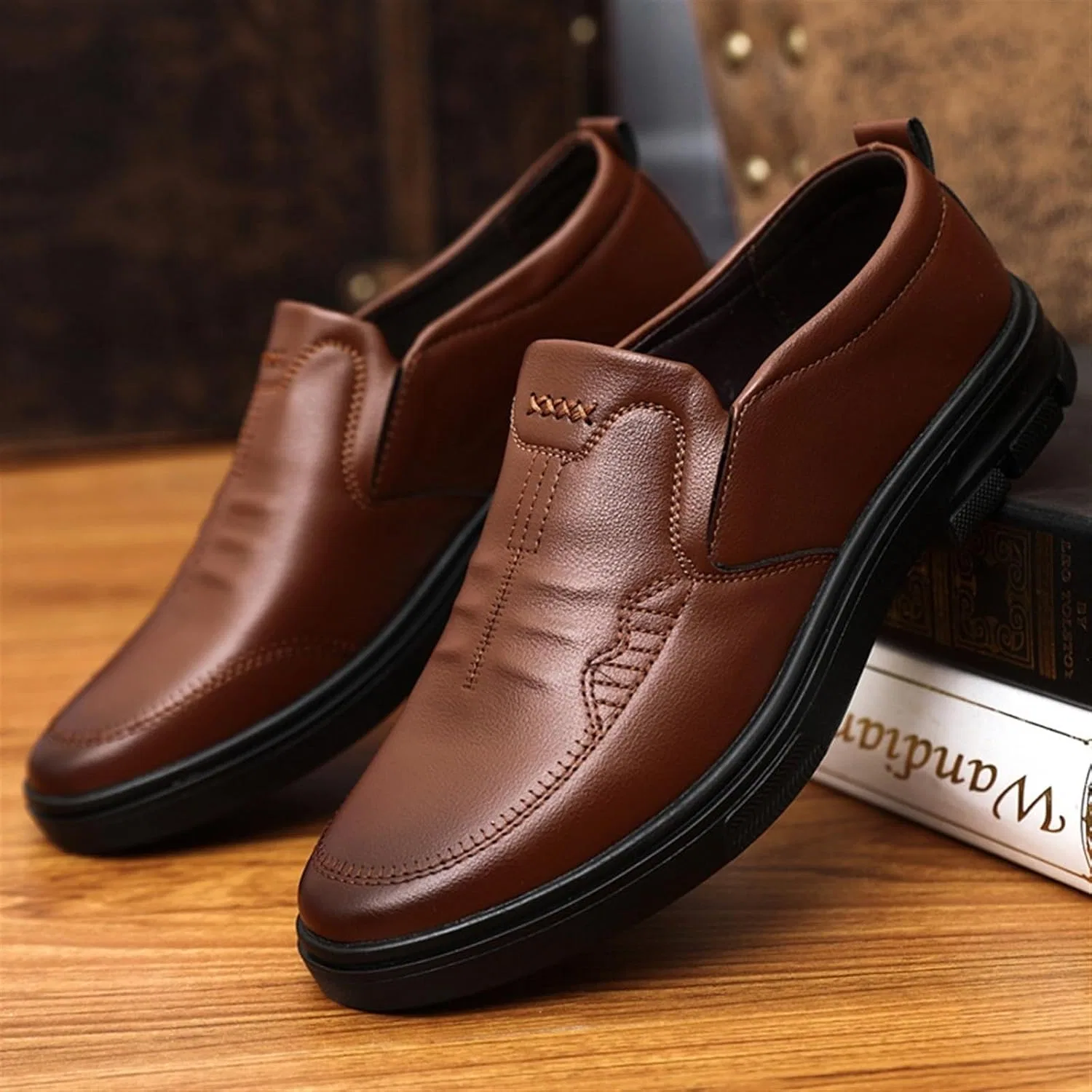 Туфли кожаные Loafers Casual Slip-On Driving Shoes, коричневый EXAMEEEU — фото 2