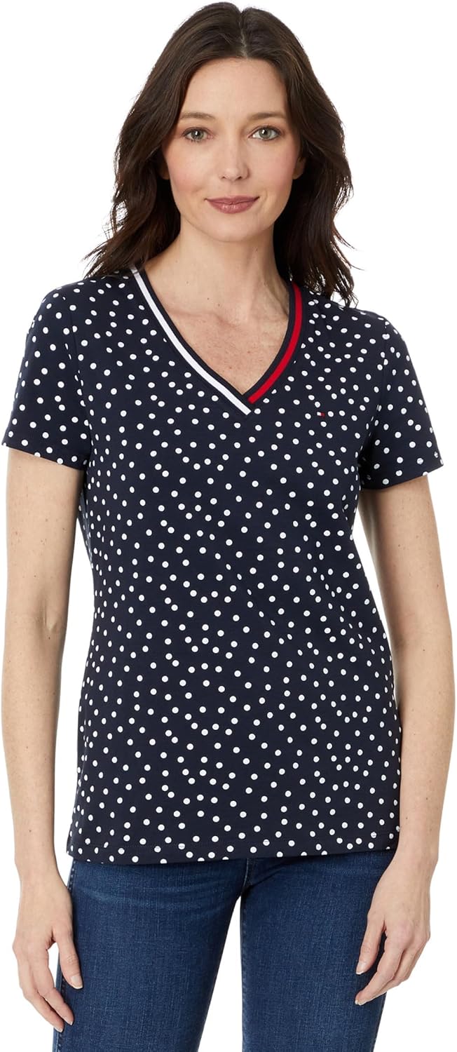 

Женские топы с коротким рукавом Tommy Hilfiger - хлопковые рубашки для женщин с V-образным вырезом и логотипом, Sky Captain/Bright White