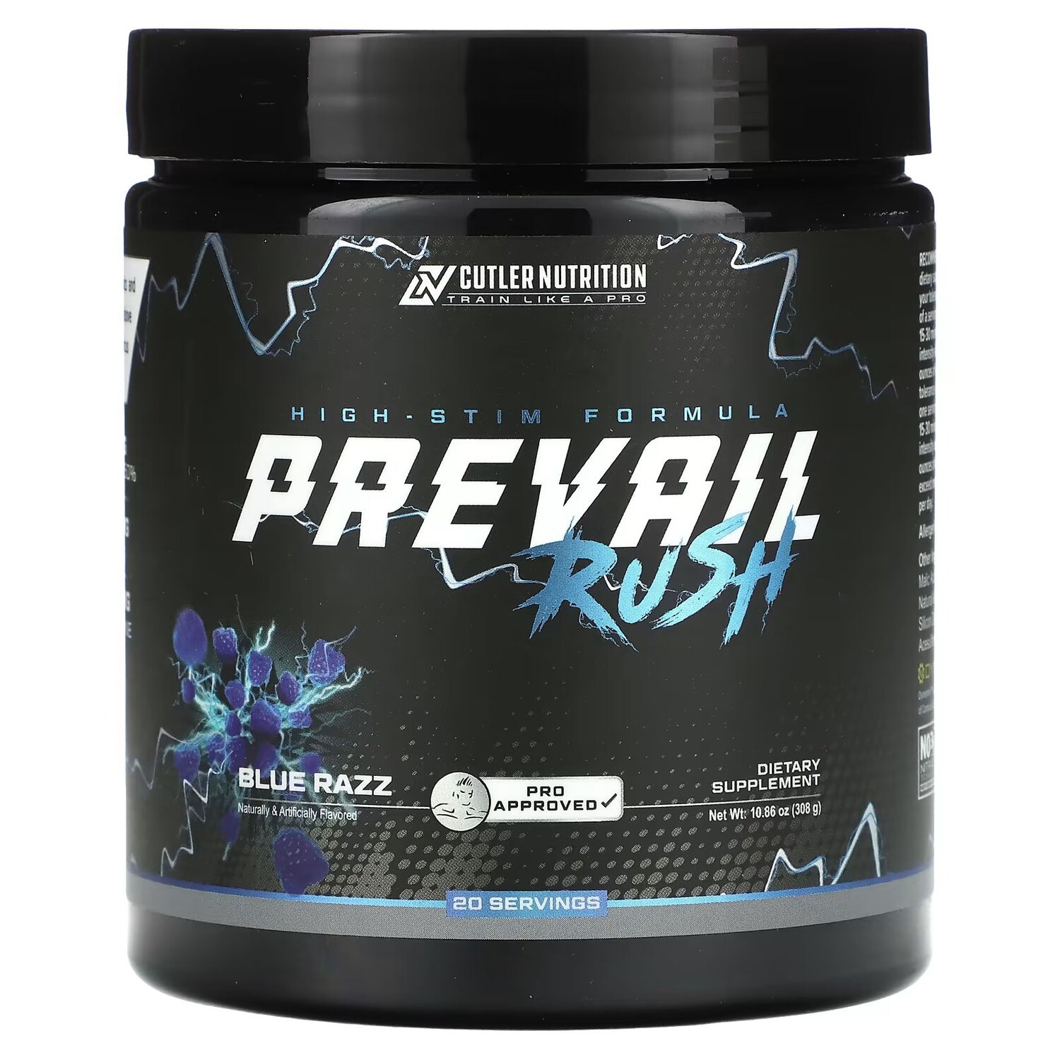 

Prevail Rush, Формула для высокой стимуляции, Blue Razz, 10,86 унции (308 г) Cutler Nutrition