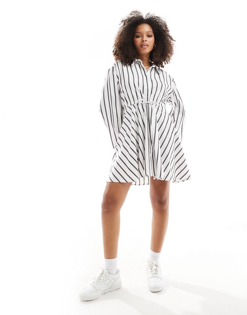 

Короткое платье-рубашка в монохромную полоску ASOS DESIGN с поясом со сборками
