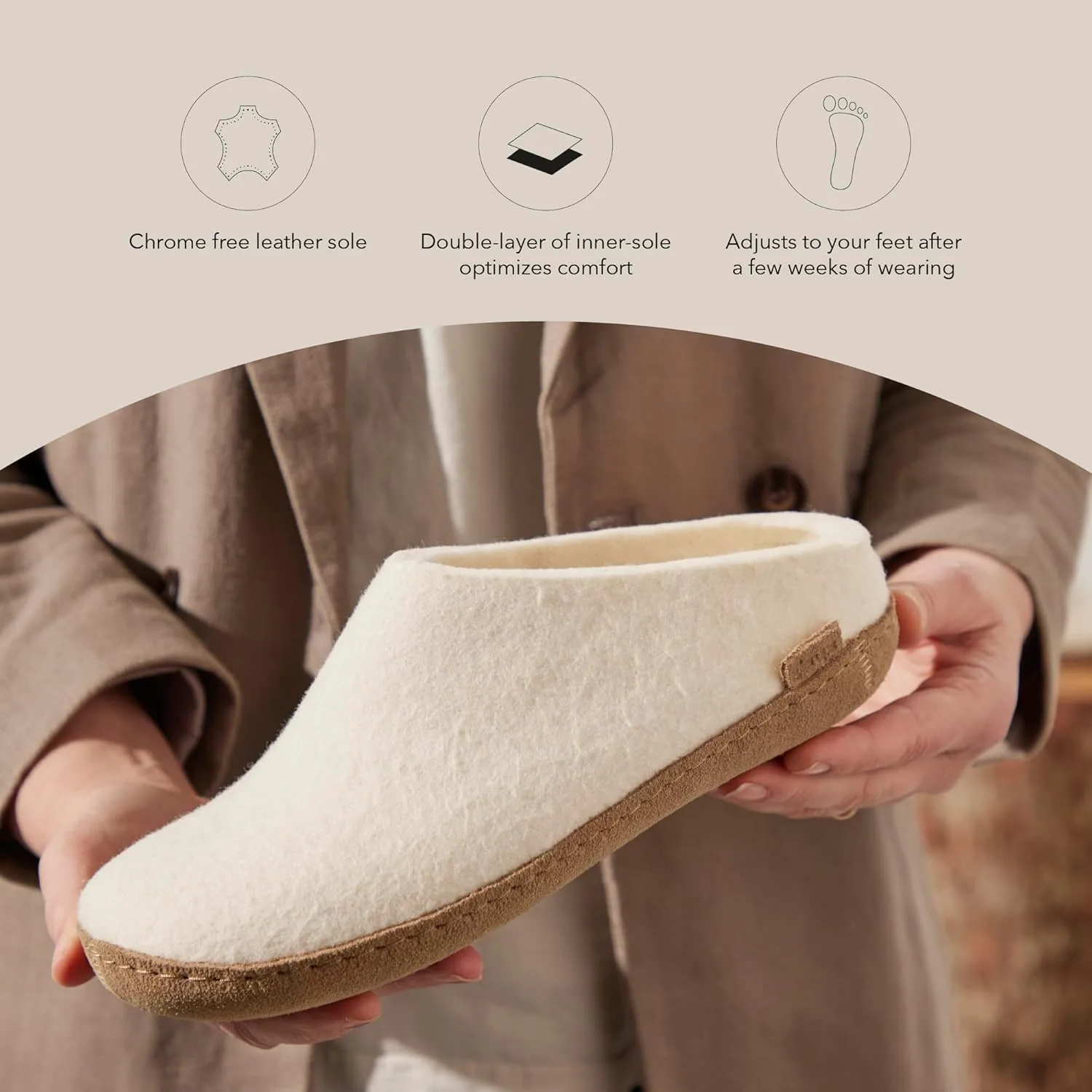 Войлочные тапочки Glerups dk B, унисекс, для взрослых, модель Hut Shoes, кожаная подошва, белый — фото 3