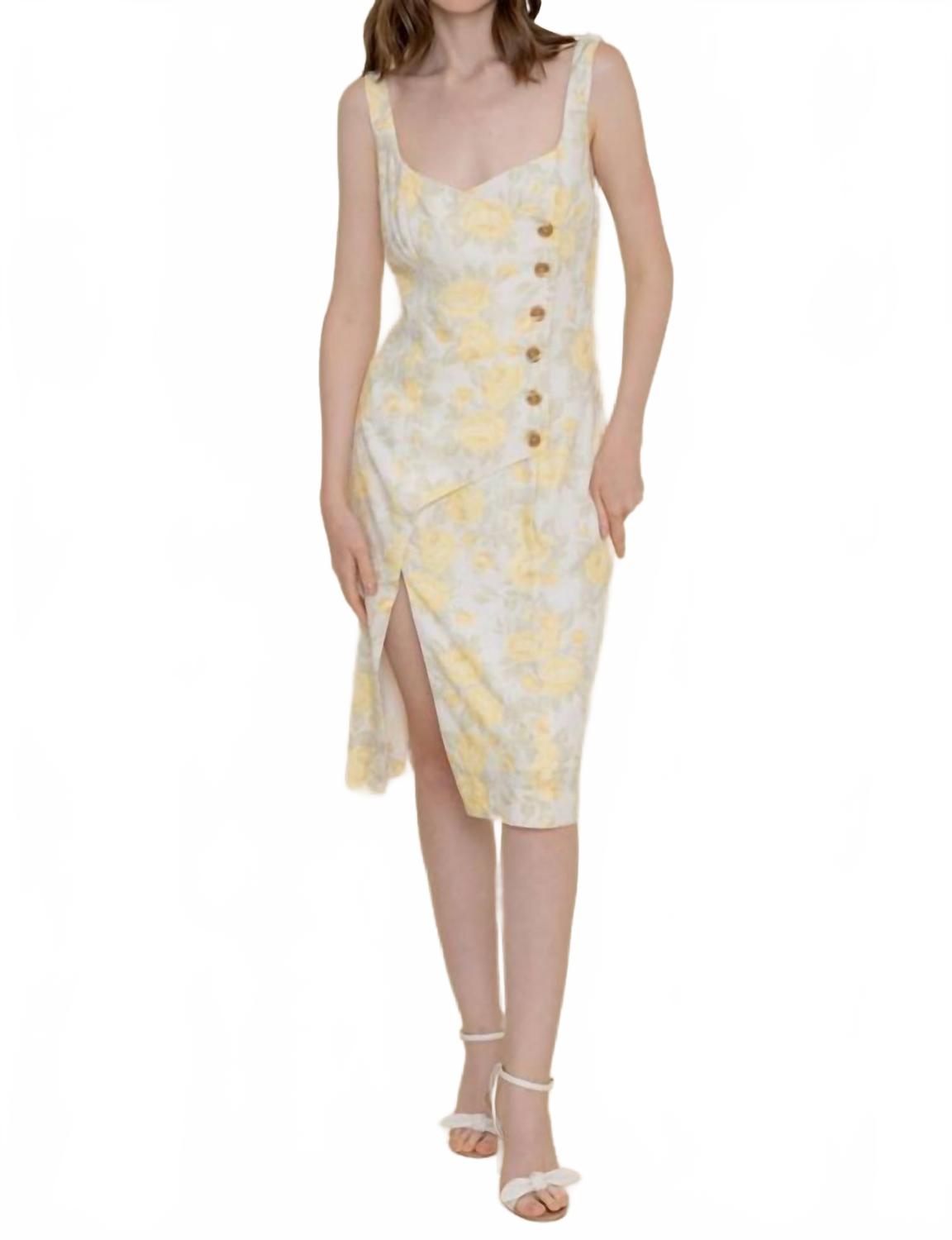 

Асимметричное миди-платье с цветочным принтом и застежкой на пуговицы в кремовых тонах Fore Collection