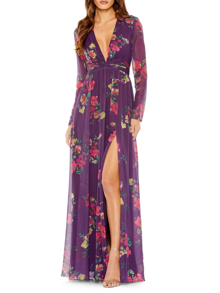 

Платье с цветочным принтом и разрезом Mac Duggal, цвет Purple Multi