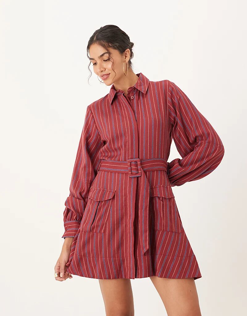 

Платье-рубашка мини ASOS DESIGN с поясом в глубокую ягодную полоску