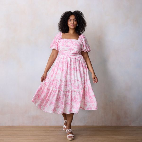 

Платье миди больших размеров с плиссированным лифом Lc Lauren Conrad, цвет red tropical toile