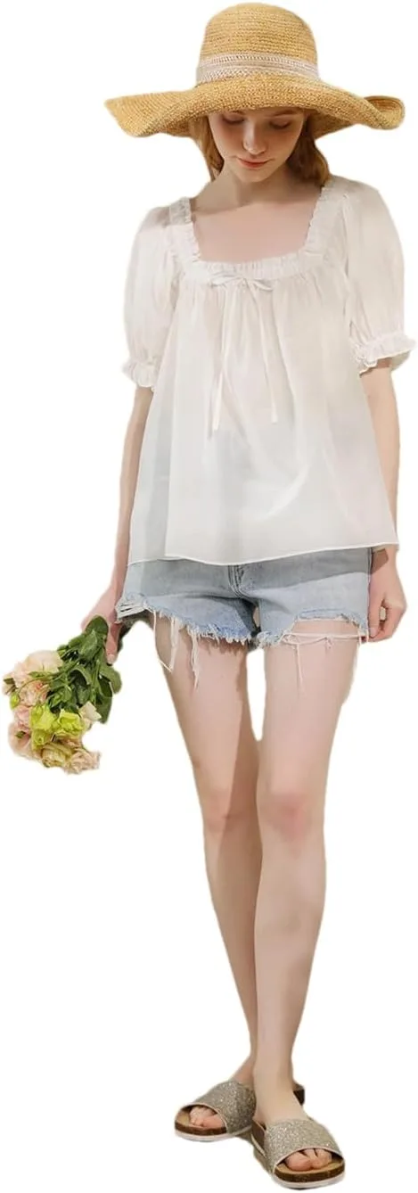 

Женская футболка из шелка с рукавами-фонариками и цветочным принтом Fnfmrfmr