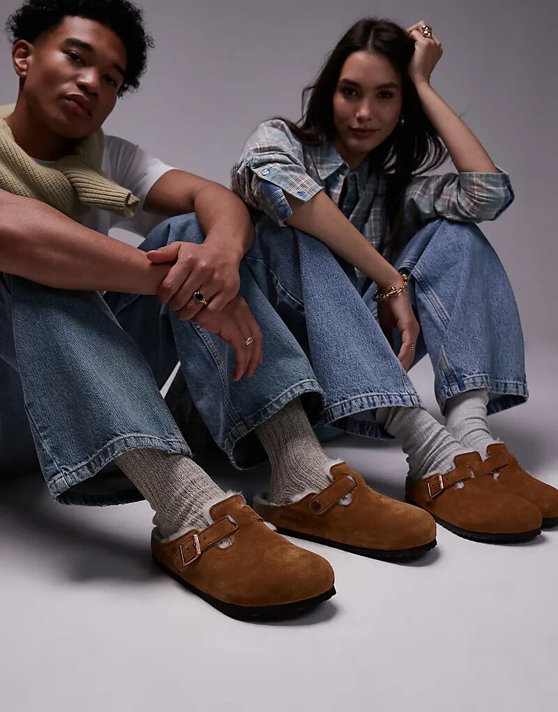 Сабо Birkenstock Unisex Boston с подкладкой из овчины, светло-коричневая замша — фото 2