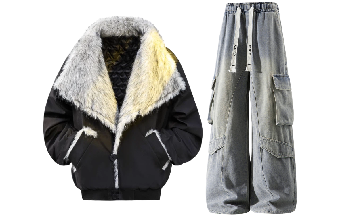 

Повседневный спортивный костюм Unisex с лацканами утолщенный X1617, черный puffer jacket+желтый mud pants