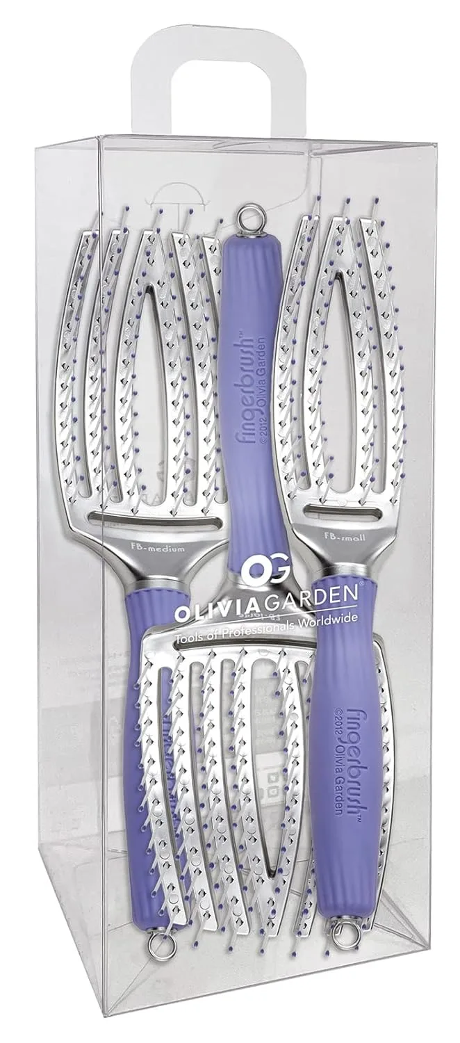 Расческа-щетка Olivia Garden Fingerbrush с изогнутой и вентилируемой поверхностью для сушки феном - идеально подходит для укладки и распутывания волос всех типов - массажная щетка для кожи головы. Набор из 3 штук, Purple, Silver, White