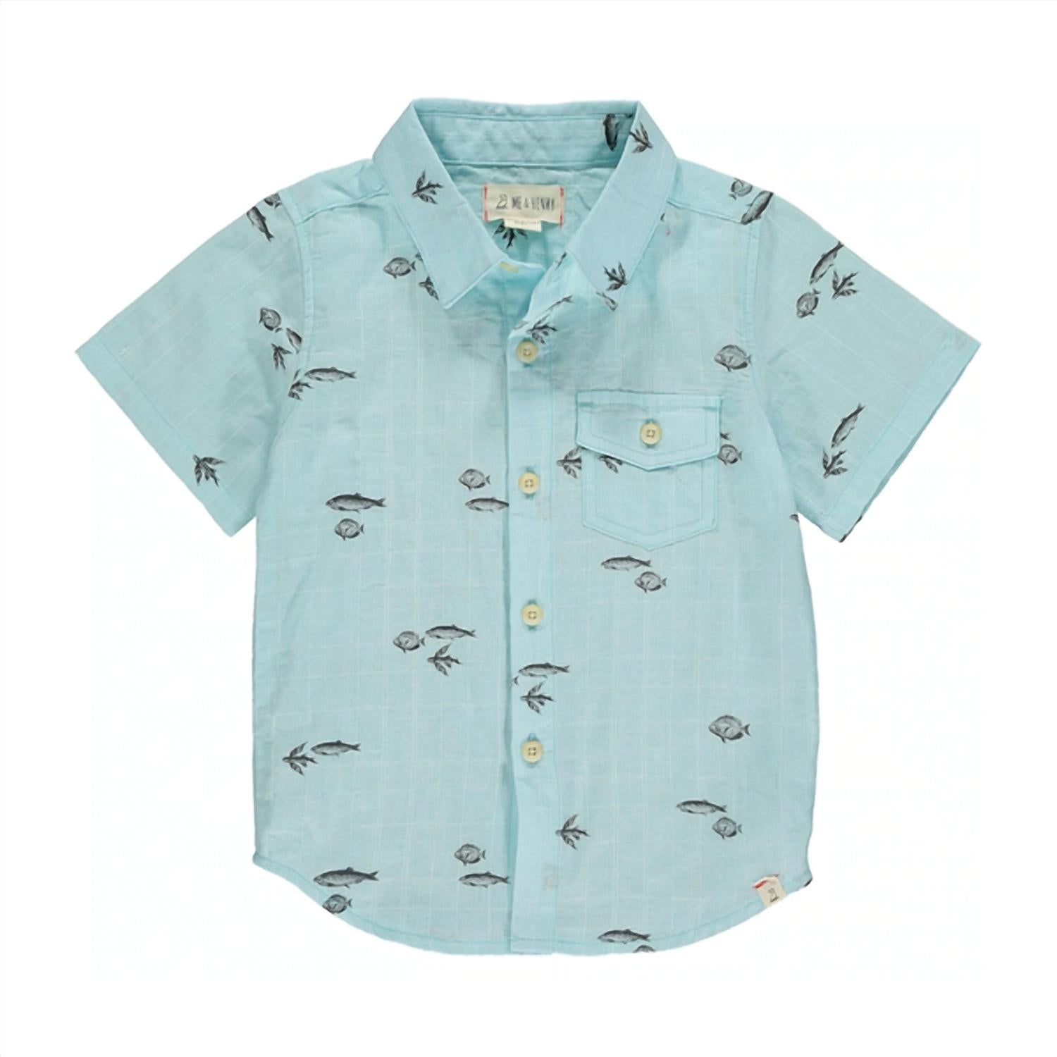 

Детская рубашка с коротким рукавом и винтажным принтом рыбы в стиле алоха голубого цвета ME & HENRY