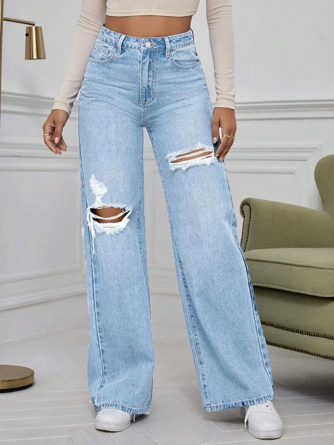 Женские классические джинсы в стиле washed denim Generic, Light Wash — фото 3