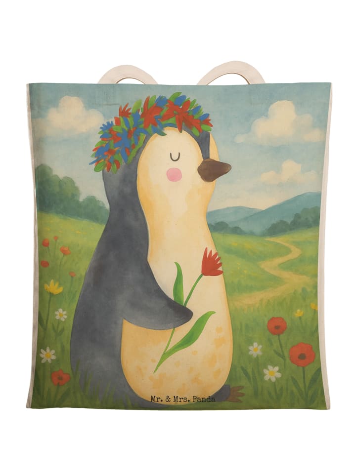 

Mr. & Mrs. Panda Сумка-шоппер с изображением пингвина и цветочного рисунка, без надписи, белого цвета