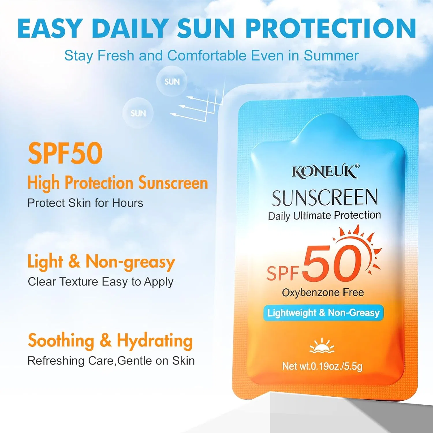 Солнцезащитный крем SPF 50 KONEUK, 30 пакетиков по 0.1 унции, для лица и тела — фото 2