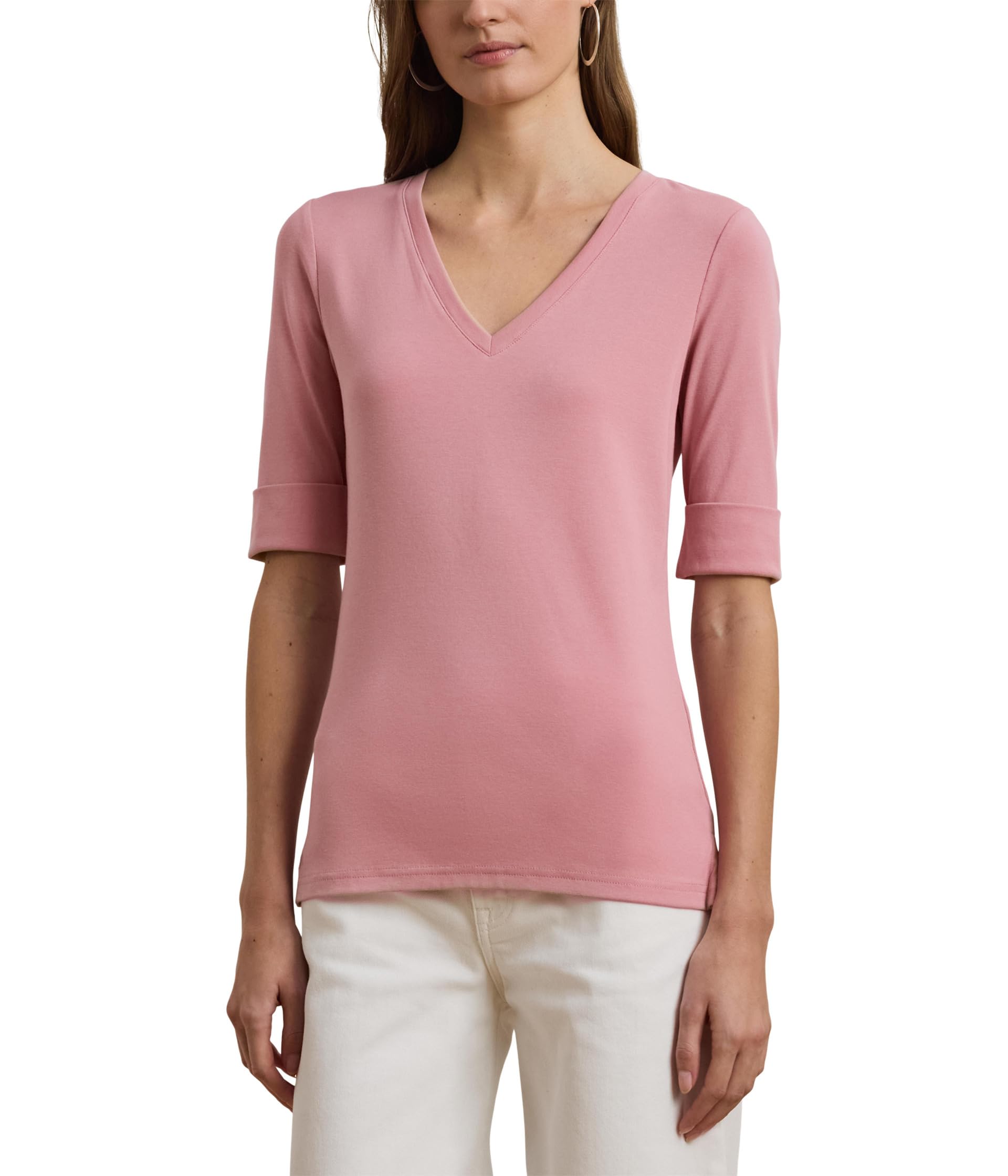 

Футболка Lauren Ralph Lauren Petite Stretch Cotton Elbow-Sleeve V-Neck Tee, Rose Mauve
