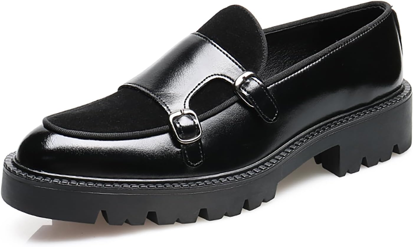 

Мужские кожаные лоферы на платформе с двойным ремешком-монахом, модные туфли низкого типа с рифленой подошвой, без шнурков, для вечеринок, делового и повседневного ношения Ryvz Tynx, черный