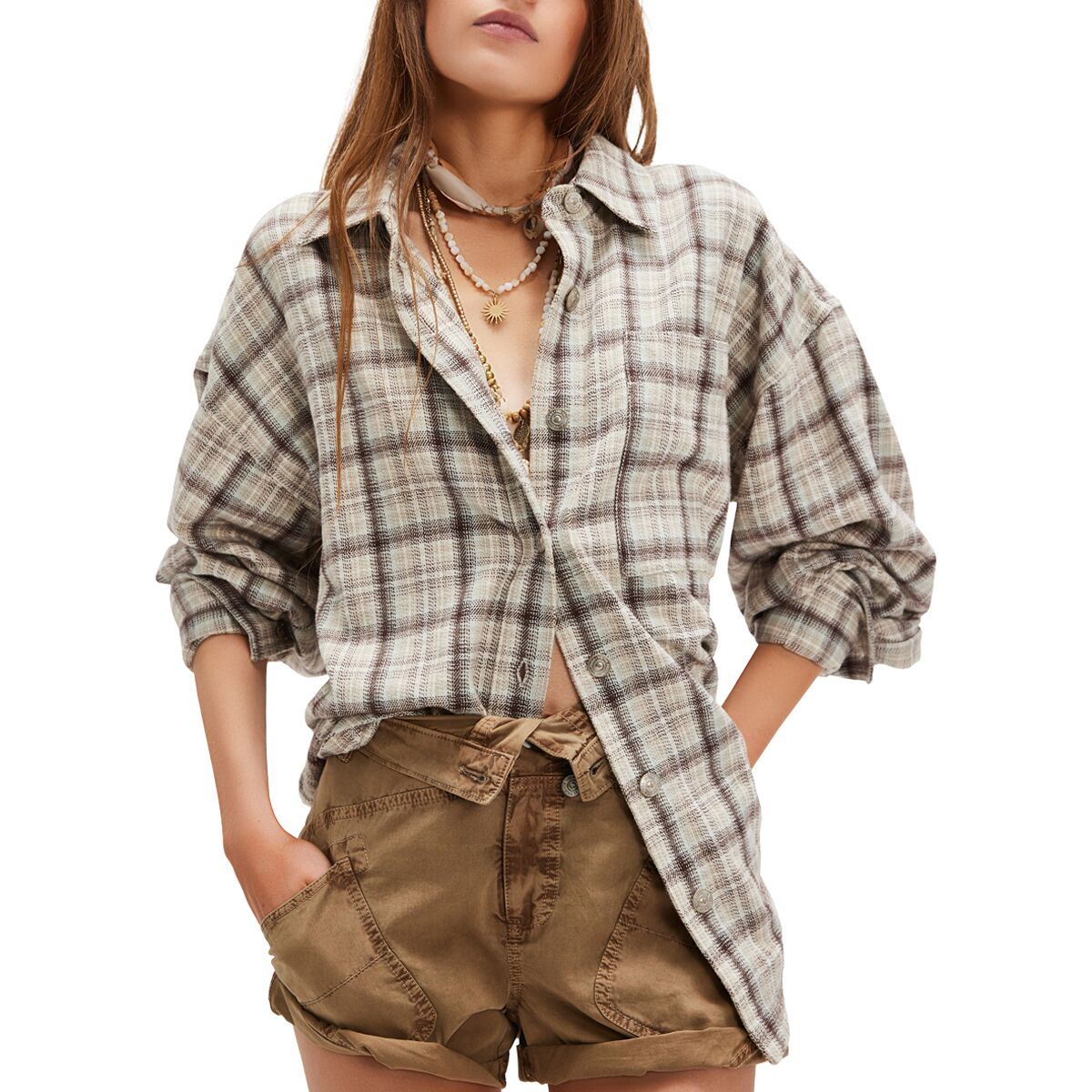 

Рубашка Ashley в клетку с длинным рукавом Free People, цвет ivory combo - krista